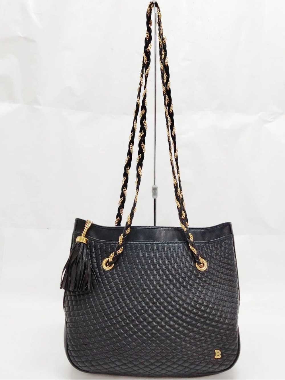 Bally Black Quilted Shoulder Tote with Gold Chain Detail